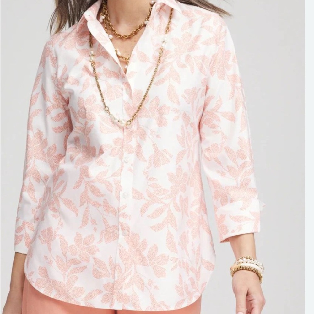 Chicos Coral Blossom Leaf Print Button-Up Blouse